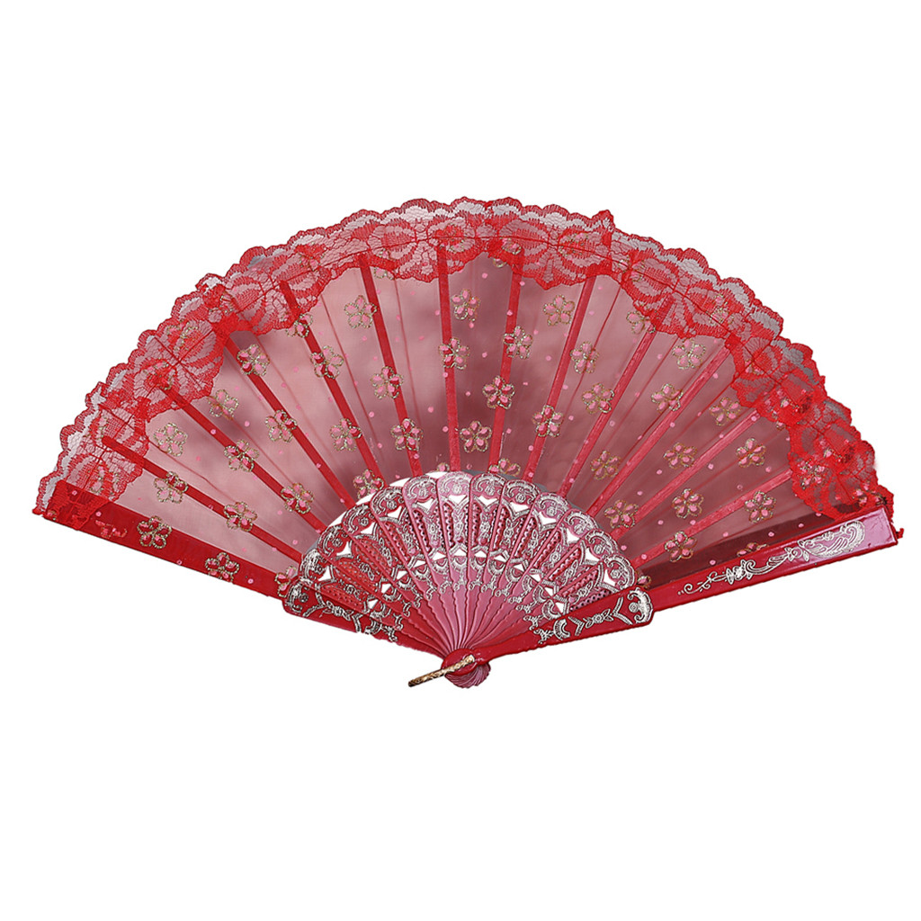 Flores de papel tipo ventilador, abanicos de seda de encaje plegables, estilo chino, para baile, boda, ,: Rojo