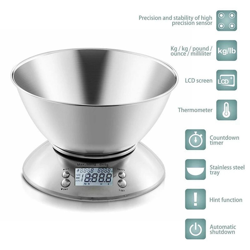 Precise Kitchen Digital LED Electronic Scale with Removable Bowl Kitchen Restaurant Food Weight Measuring Tool