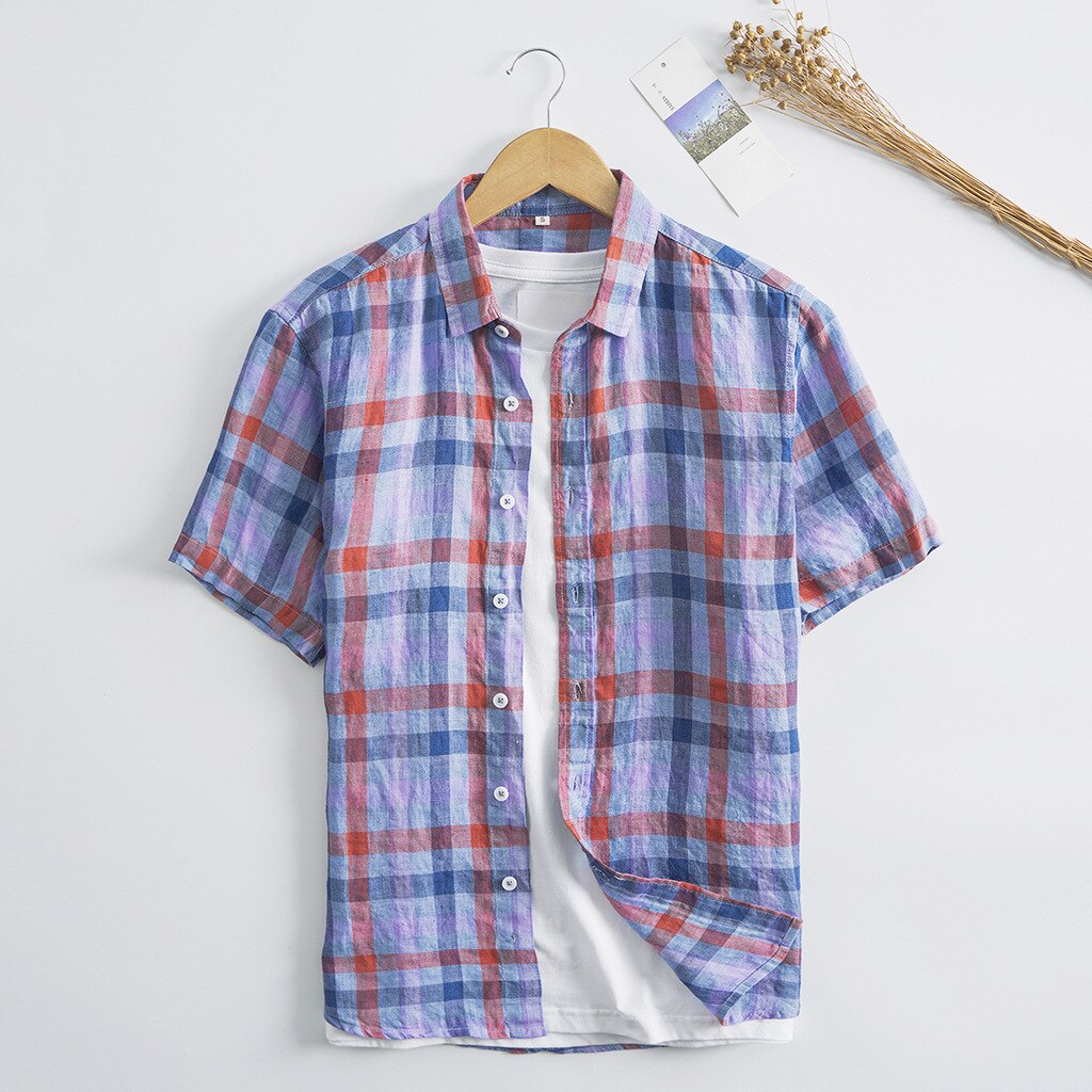 Männer Sommer Hemden 100% Flachs Plaid lässig Herren Kurzarm T Shirt Herren Kleidung Herbst Männlichen oben leinen Hemd: rot Plaid / XXL