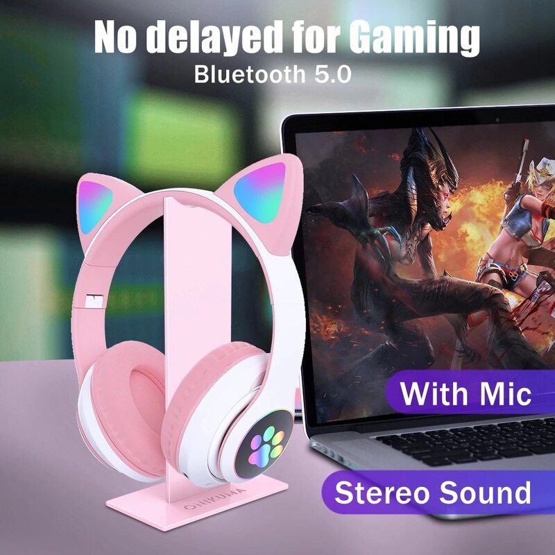 Flashing LED Cute Cat Wireless Headphones with Microphone Women HiFi Stereo RGB Music Phone Bluetooth Headset