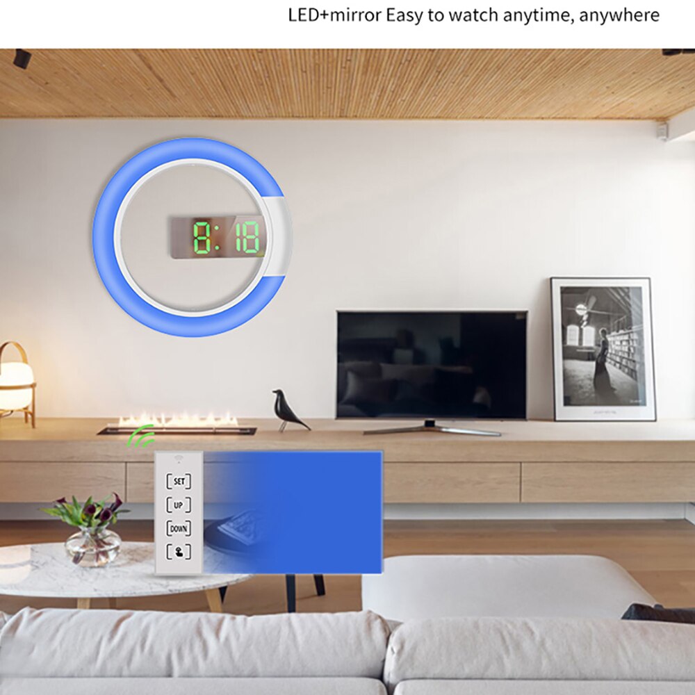 Multifunctional Clock Home Colorful Led Mirror Hollow Wall Clock Ring Light Thermometer Digital Alarm Clock
