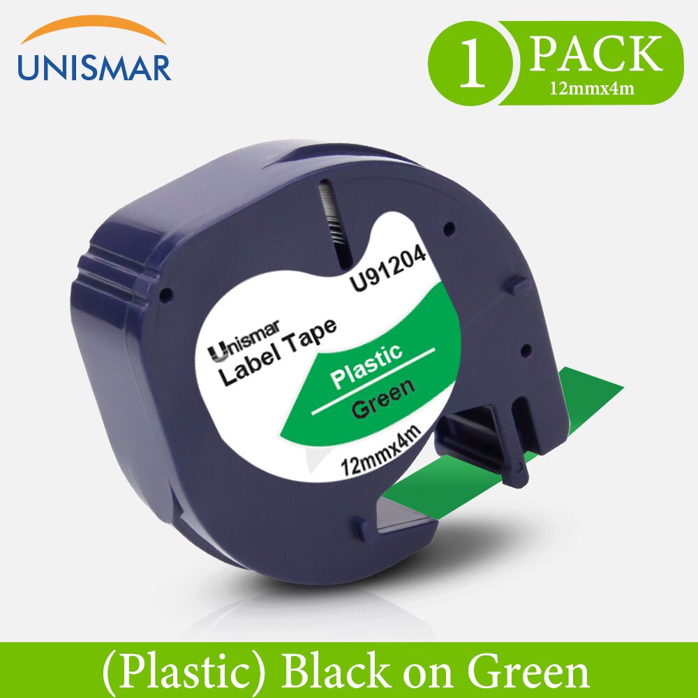 Unismar 1/2 "preto em fita de etiqueta de plástico transparente 12267 16951 16952 compatível para dymo lt etiqueta maker LT-100H plus LT-110T QX-50: Black on Green