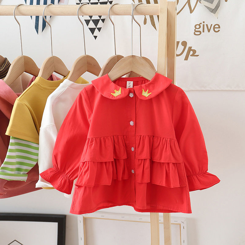 Shirt Lente Baby Meisjes Pure Kleur Katoen Blouse Lnfant Crown Patroon Borduurwerk Ronde Kraag Leuke Comfortabele Volledige Mouw: red / 90