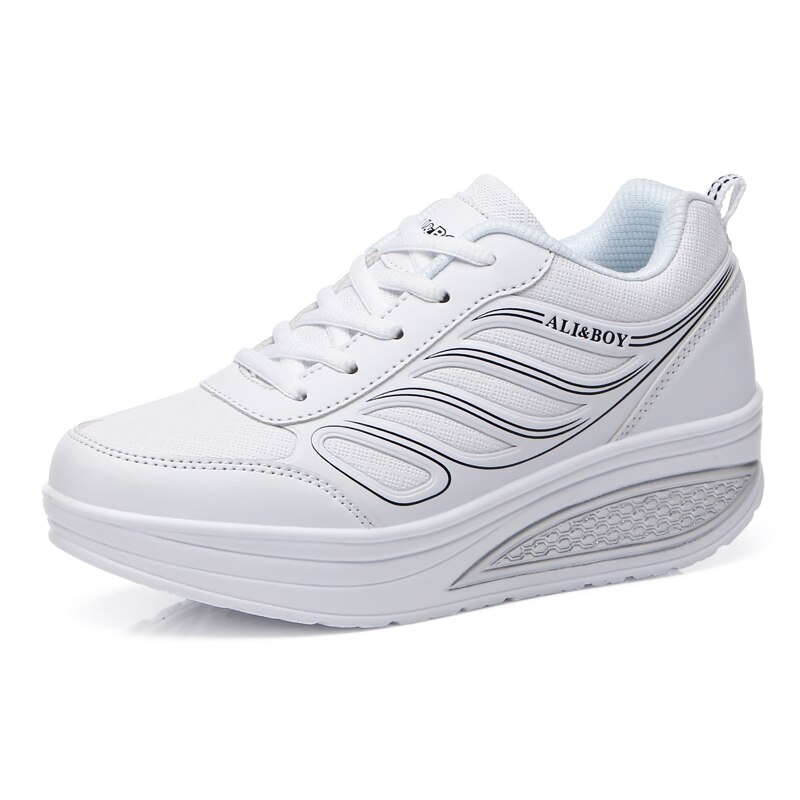 Zapatos de cuña con aumento de altura para mujer, zapatillas deportivas informales impermeables con forma plana y amortiguación para trotar, para primavera: White / 6