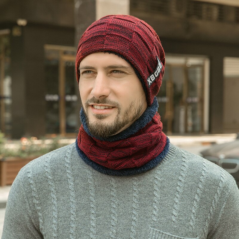 Ensemble écharpe en laine tricotée pour le cou et le cou, Bonnet en tricot épais et , cagoule, casquette, Bonnet d'hiver pour hommes et femmes: red