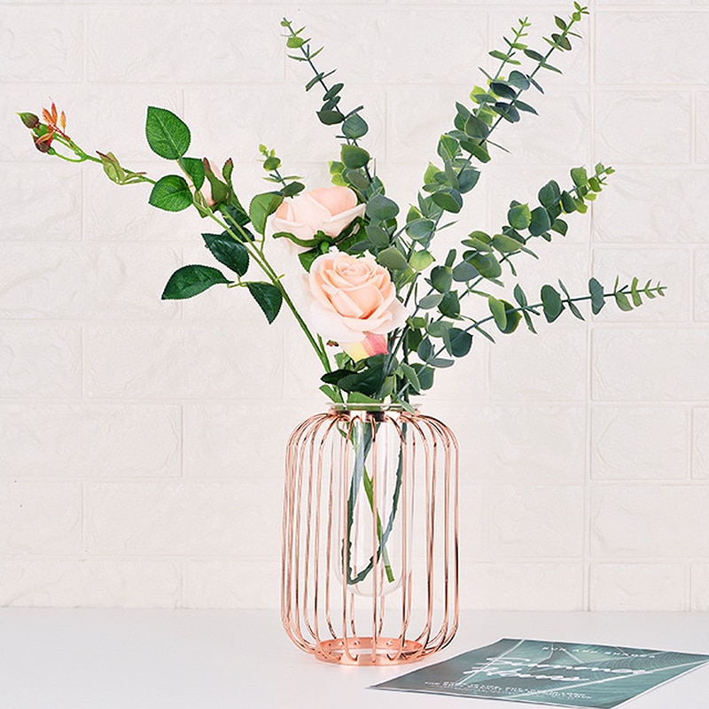 nordisch Stil Glas Vasen Rose Gold Metall Gestell Blume Pflanzer Errarium Glas Dekoration Vase Herzstück für Heimat Sekretariat