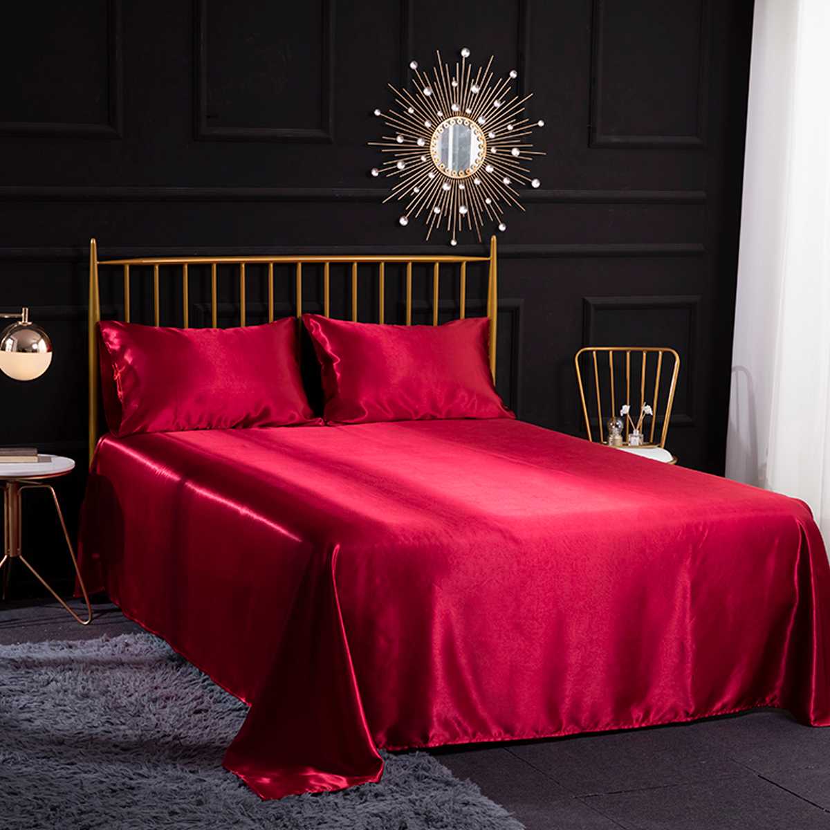 4 stk romantisk silke sengetøj sæt blød silke satin hjemmetekstil sengesæt fladt lag monteret lagen pudebetræk tvilling/hel/queen/king size: Rødvin / Fuld