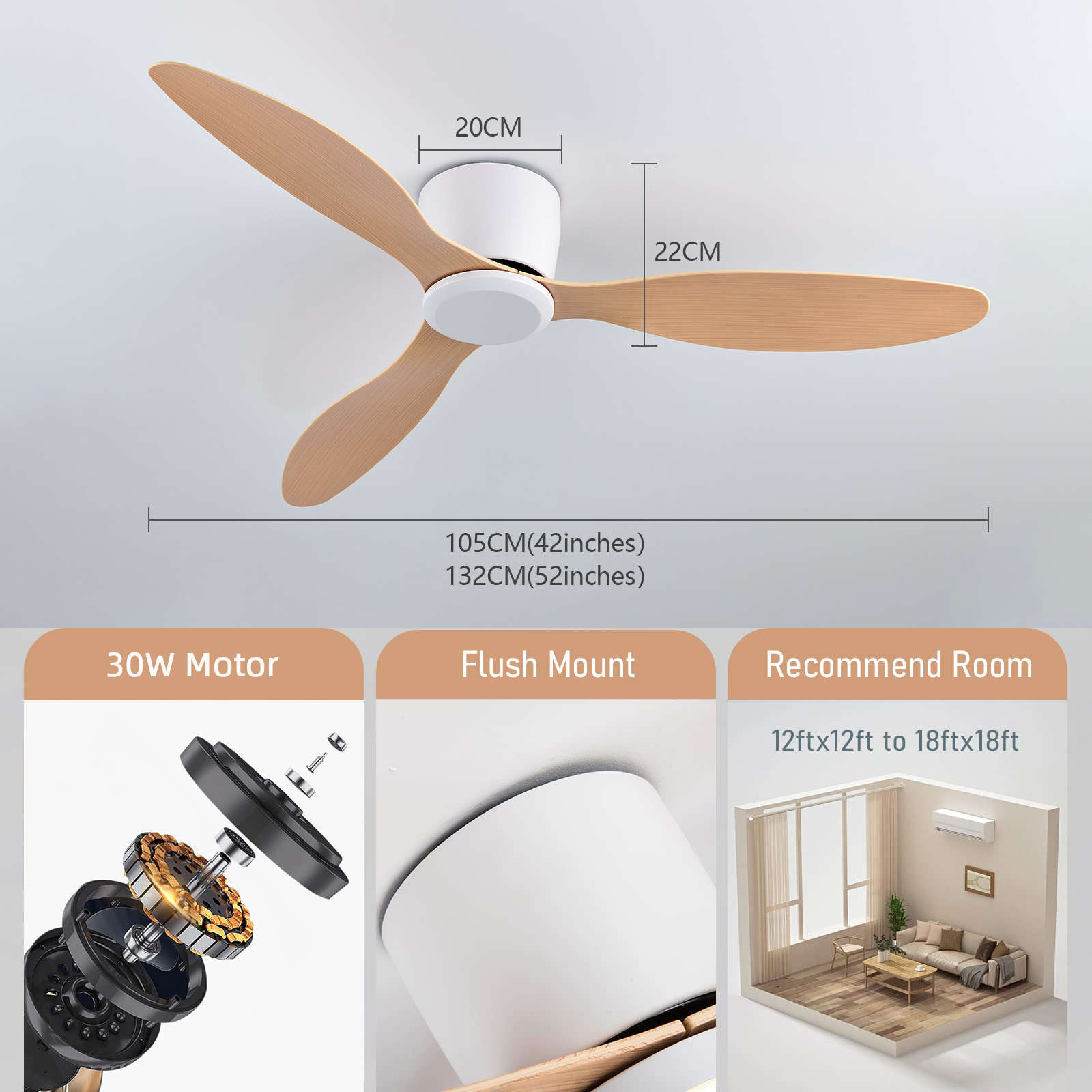 IRALAN 42 52 Inch Ceiling Fans No Light DC Motor Remote Control Cooling Fans Low Floor Ceiling Fan Silent large home fan