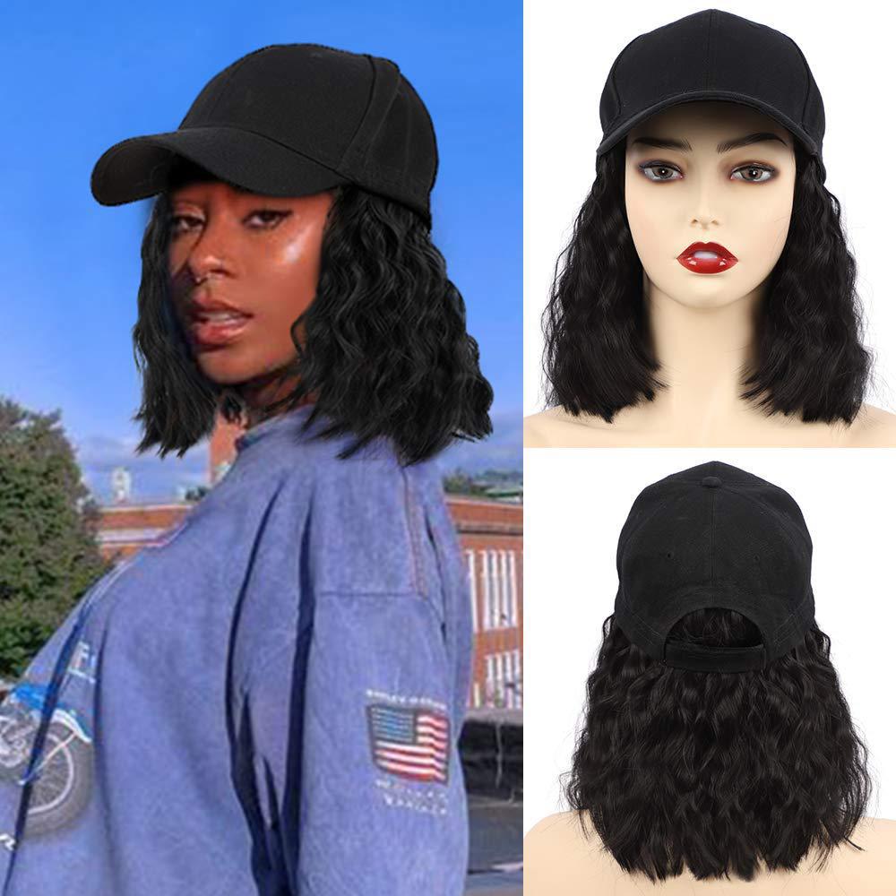 Pelucas de pelo ondulado rizado esponjoso sintético largo negro Difei con sombrero gorra de béisbol conectar naturalmente peluca de sombrero ajustable para mujeres: Rojo
