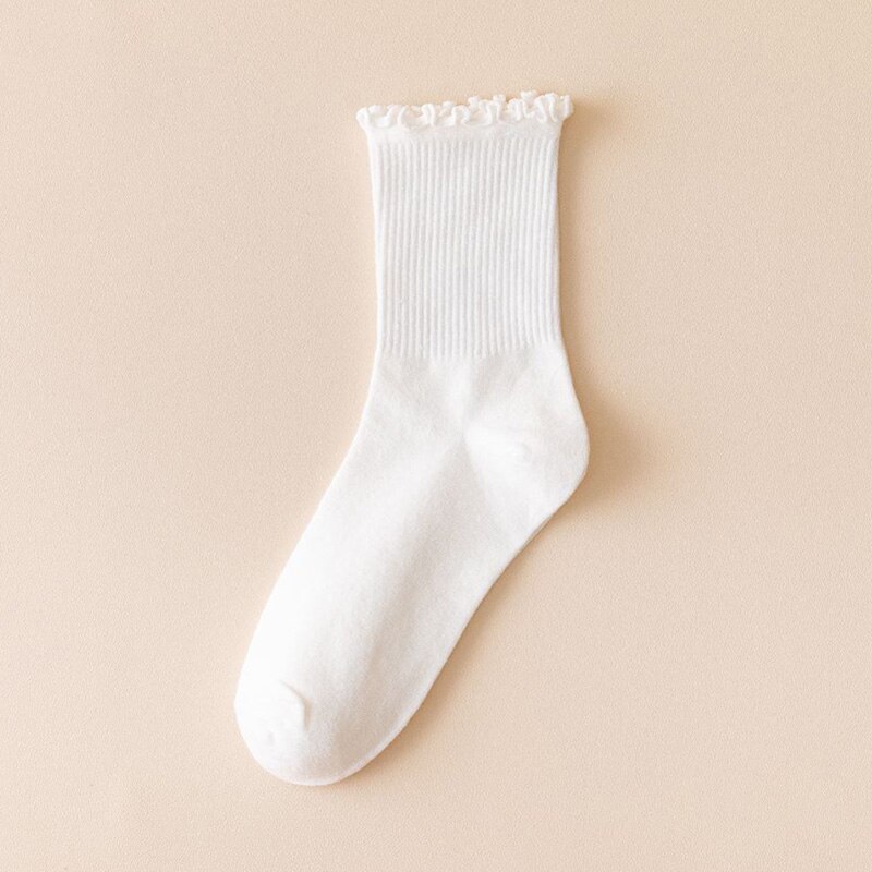 Röyhelöiset röyhelösukat naisille pitsiset söpöt yksivärinen harajuku puuvilla kawaii onnellinen syksy talvi pitkät korkeat naisen sukat tyttöjen sukat: Valkoinen