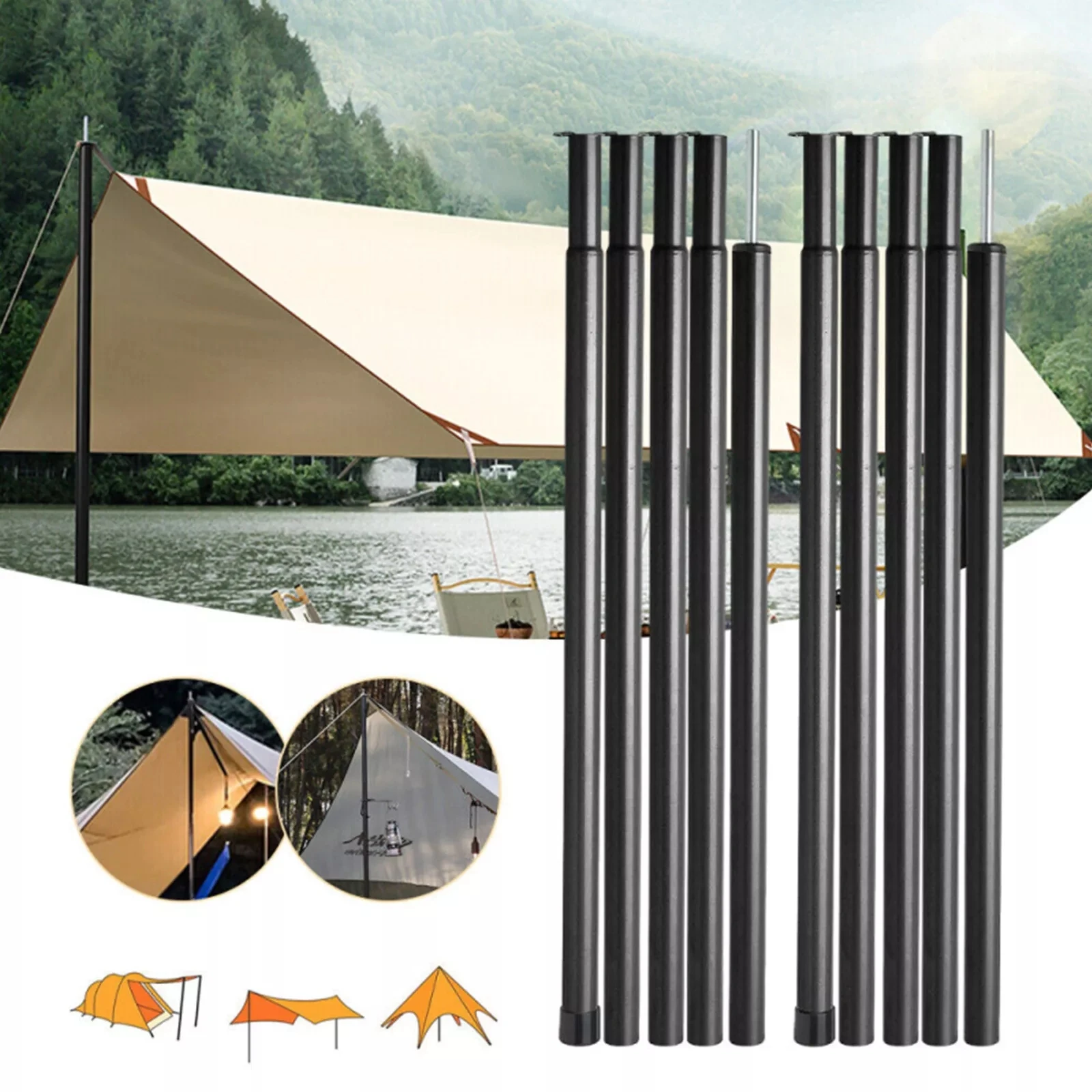 Tent Tarp Poles Set of 2, Universal Telescopic Adjustable Aluminium Camping Awning Poles Tent Accessories