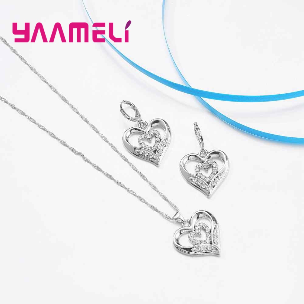 Romantische Stil Doppel Liebe bilden Valentinstag Hochzeit Souvenir 925 Sterling Silber Für Frauen Halskette Ohrringe einstellen