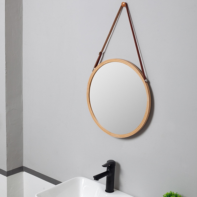 Espejo de pared redondo colgante para baño, marco de bambú sólido y correa de cuero ajustable, decoración de dormitorio, espejo redondo de maquillaje