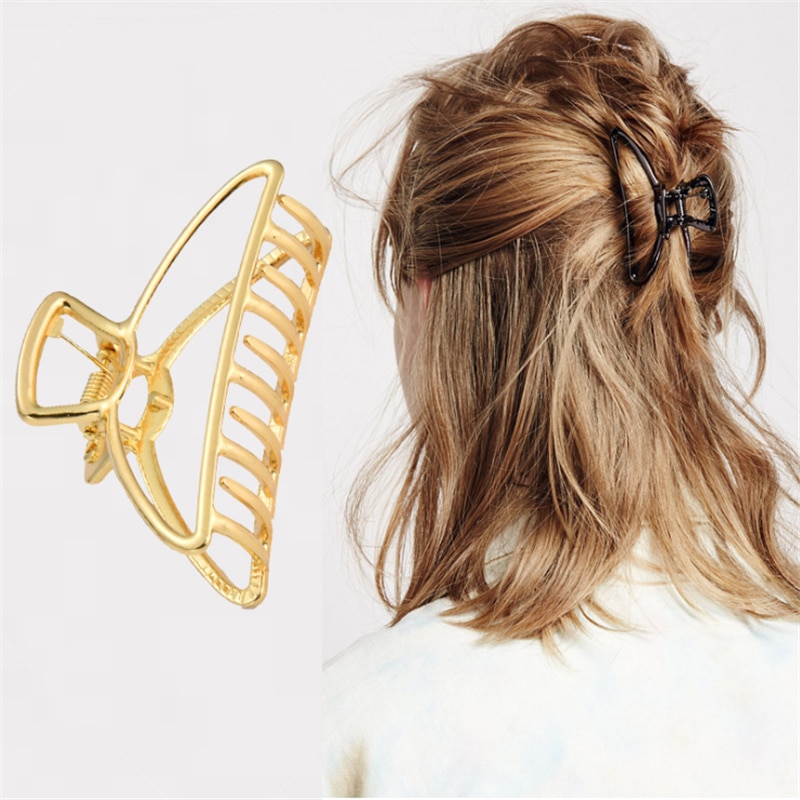 Women Girls Geometric Hair Claw Clamps Metal Hair Crab Moon Shape Hair Claw Clip Solid Color Hairpin Large Size Hair Accessories