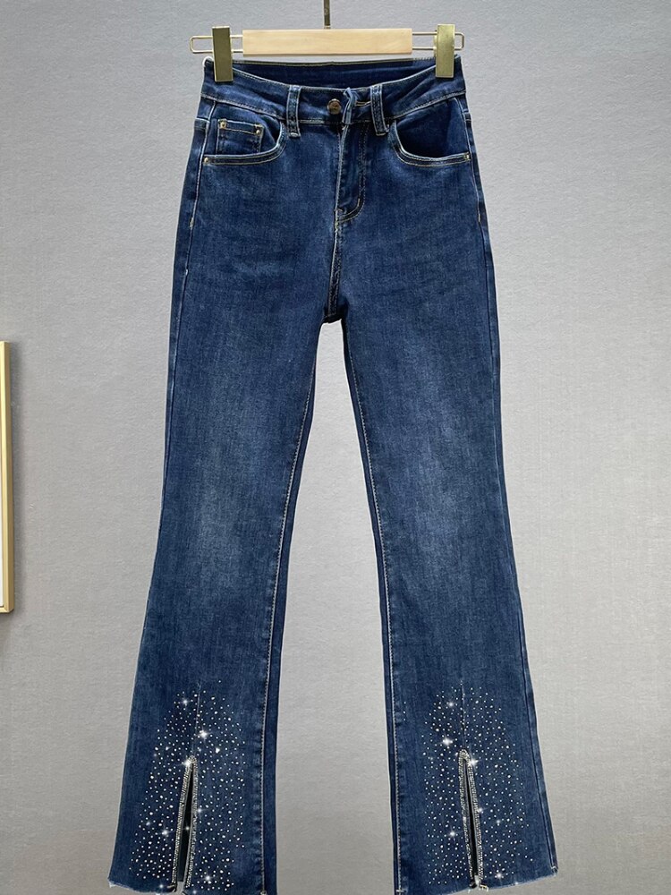 Jean fendu bleu foncé pour femme, slim, taille haute, évasé, élastique, automne