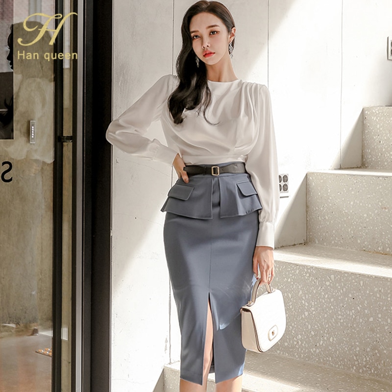 H han dronning 2 deler sett kvinners folder kontur topp og høy midje delt slire blyant skjørt koreansk elegant kontor dame skjørt dress