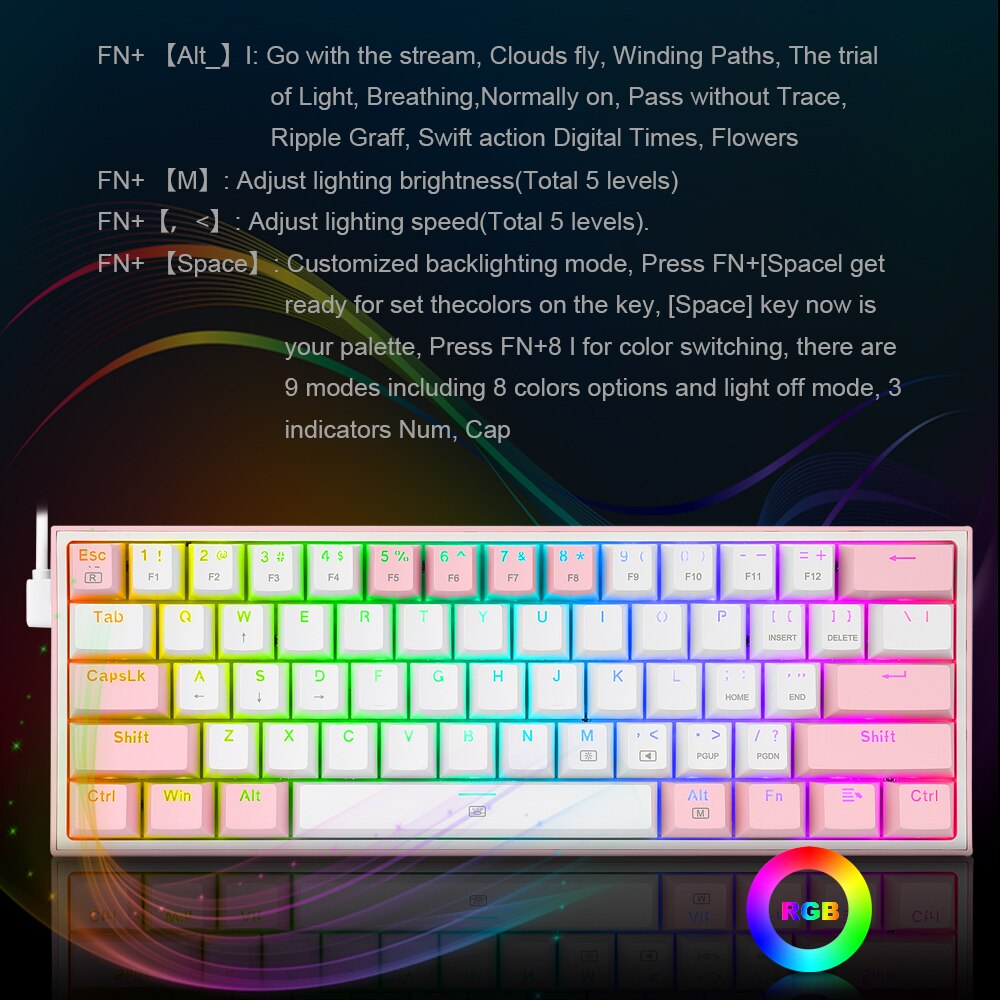 Redragon Fizz K617 Rgb Usb Mini Mechanische Gaming Toetsenbord Rood Schakelaar 61 Toetsen Bedrade Afneembare Kabel, Draagbare Voor Reizen
