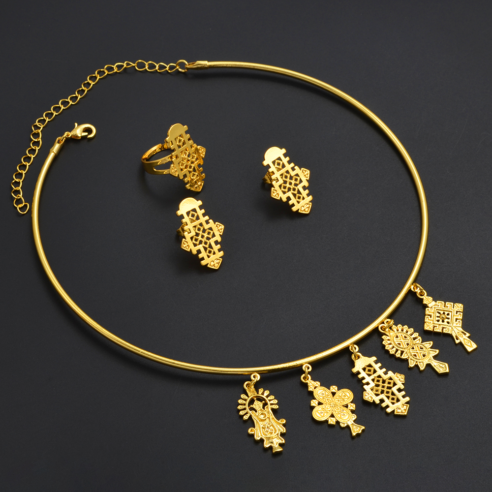 Ethiopian Eritrea Etnische Sieraden Sets Met Cross Chokers Oorbellen Ringen Voor Vrouwen Meisjes Afrika Huwelijksfeest #340006