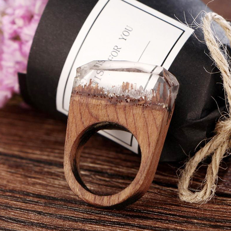 Mode Sky Blue Resin Houten Bos Ringen Creatieve Handgemaakte Ringen Voor Vrouwen Mode-sieraden