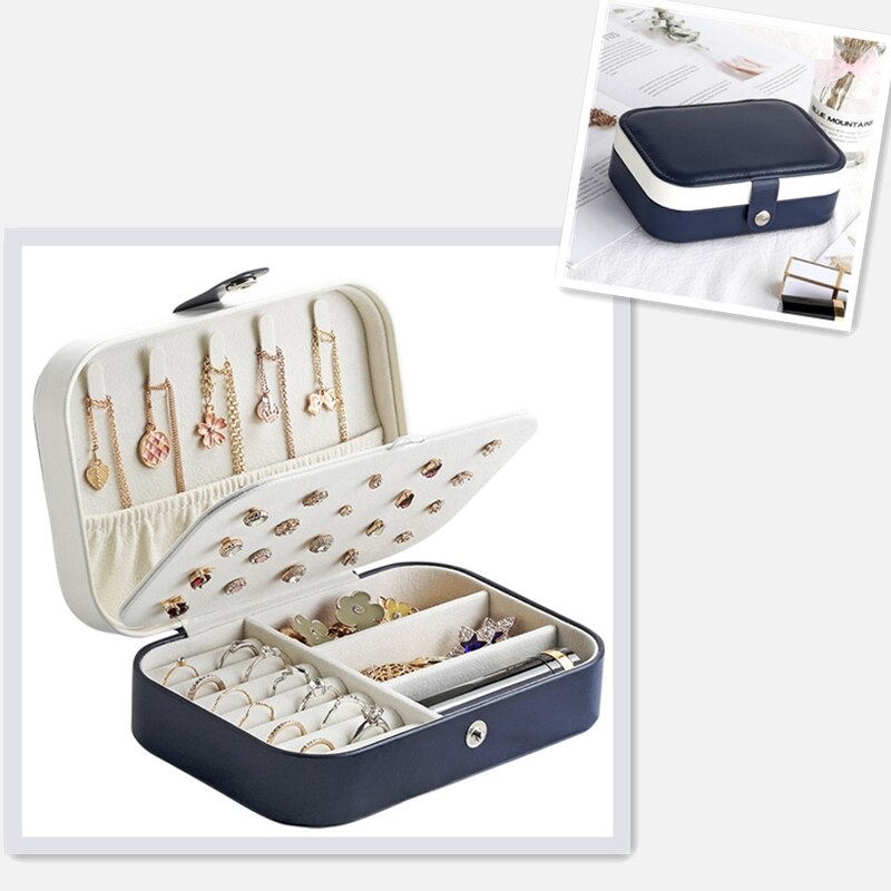 2022 Leather Portable Jewelry Box Double Simple Earrings Ring Jewelry Casket Can Hold 68 Earrings: New navy