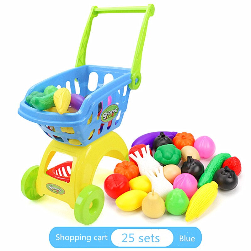 25Pcs Kids Shopping Cart Toy Supermarket Trolley Groceries Cart Play House Kitchen Toy Set Simulation Fruit and Vegetable Toys: Blue