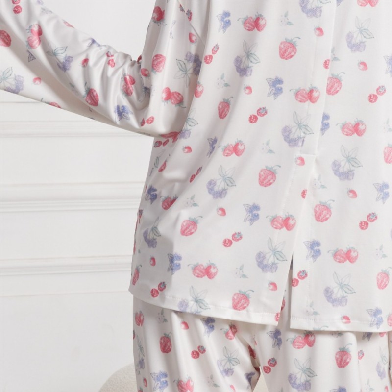 Dame afslappet gul pyjamassæt langærmet knaplukning skjortelomme blomsterprint frugtprint løse vide ben bukser pyjamas s-xxl