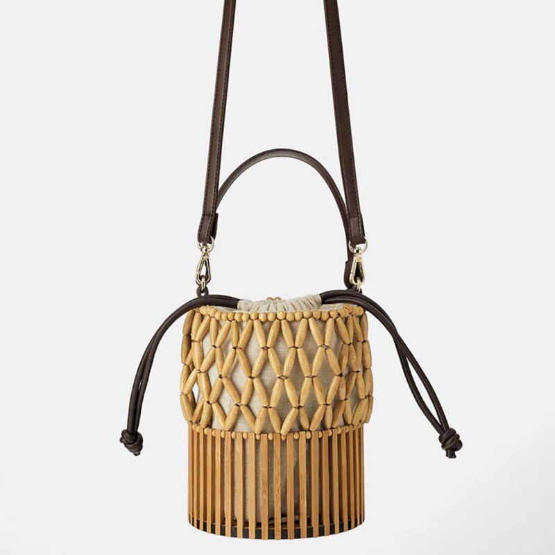 Bamboe damestas geweven canvas tas schoudertas dames emmer crossbody boodschappentas (met sjaal)