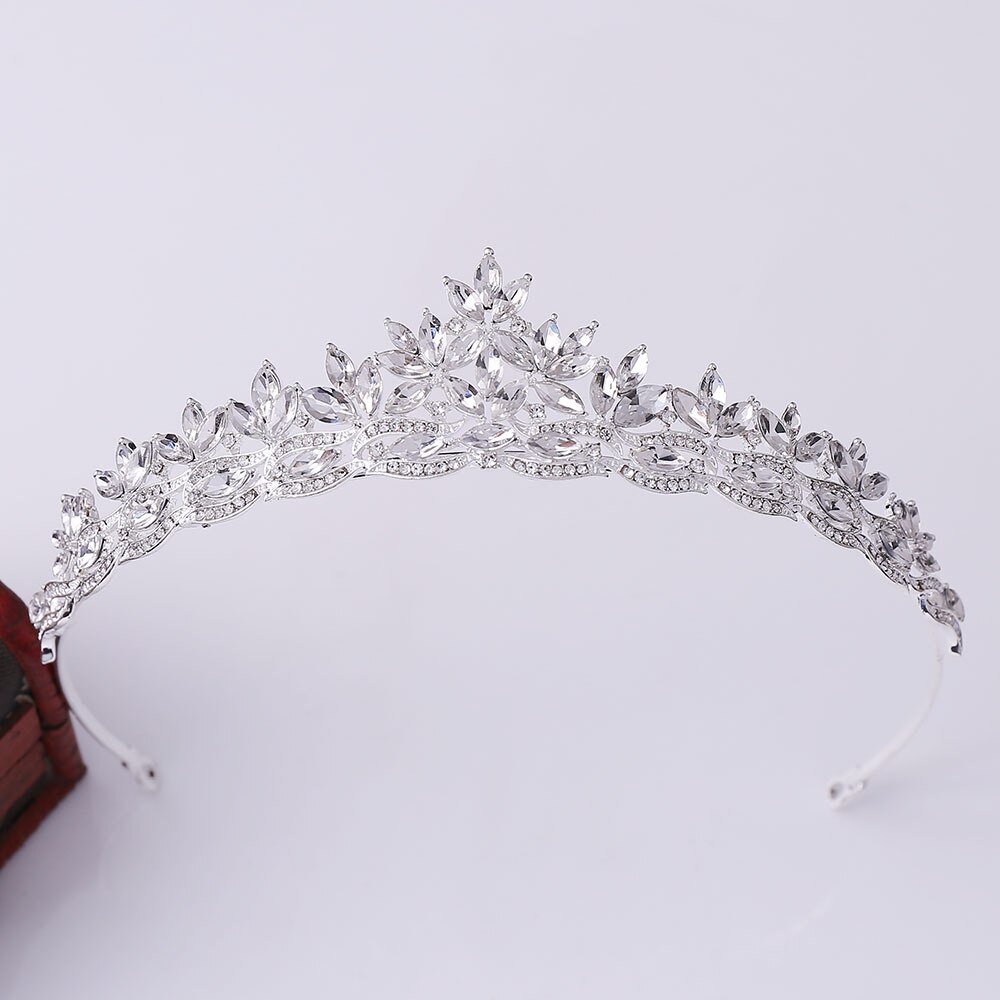 Mode Eenvoudige Crystal Leaf Bridal Tiara Kroon Prinses Queen Rhinestone Pageant Diadeem Bruiloft Haaraccessoires Tiara De Noiva: Silver White