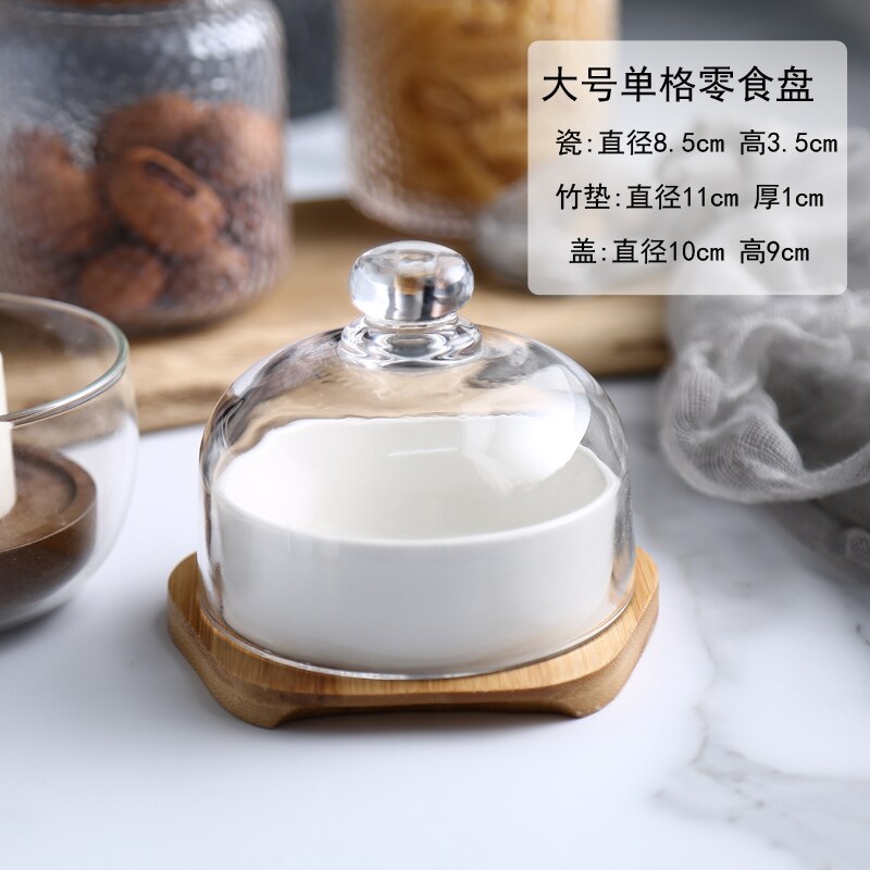 Noord-europese keramische snackschaal, set van 3 met glazen deksel, vershoudschaal voor restaurant, huishouden, taart, dessertschaal: Een --1- delige--l