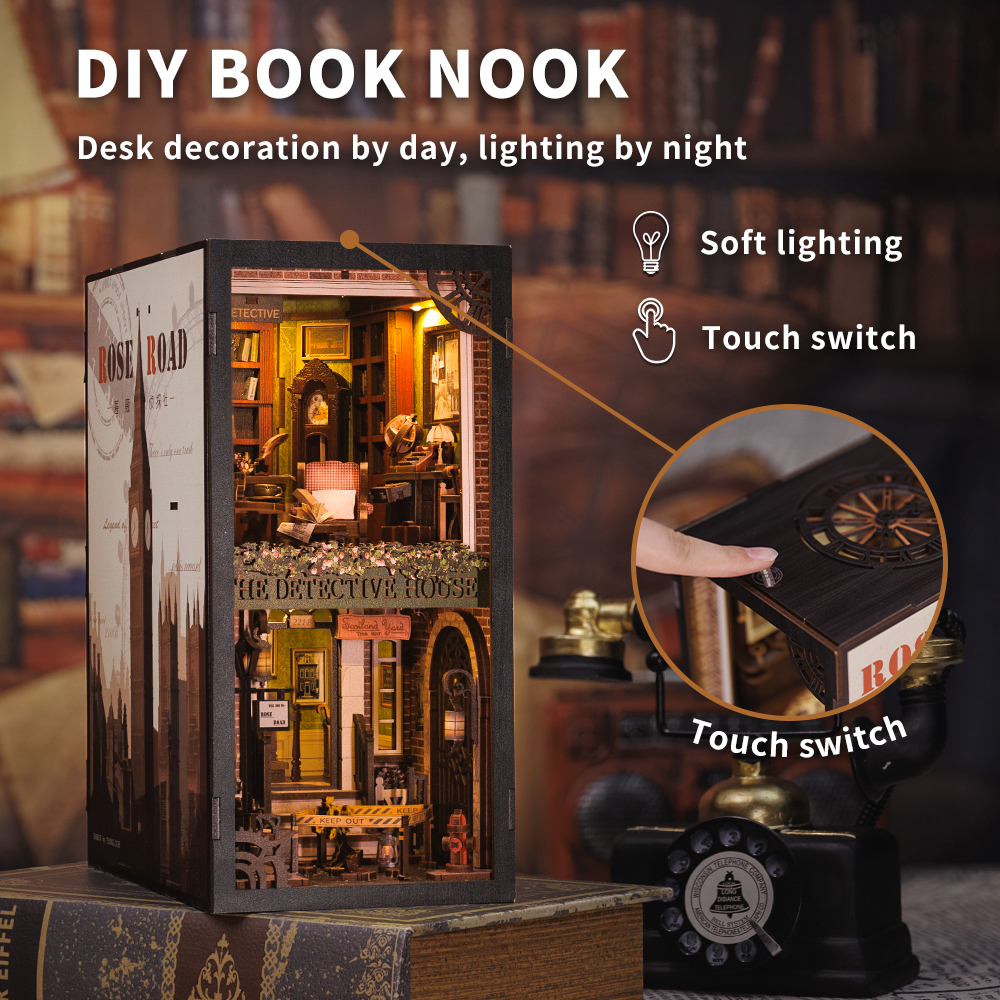 CUTEBEE Book Nook 3D Puzzle Miniature Doll House Kit With Touch Light Dust Cover DIY Booknook Toy Rose Detective Agency
