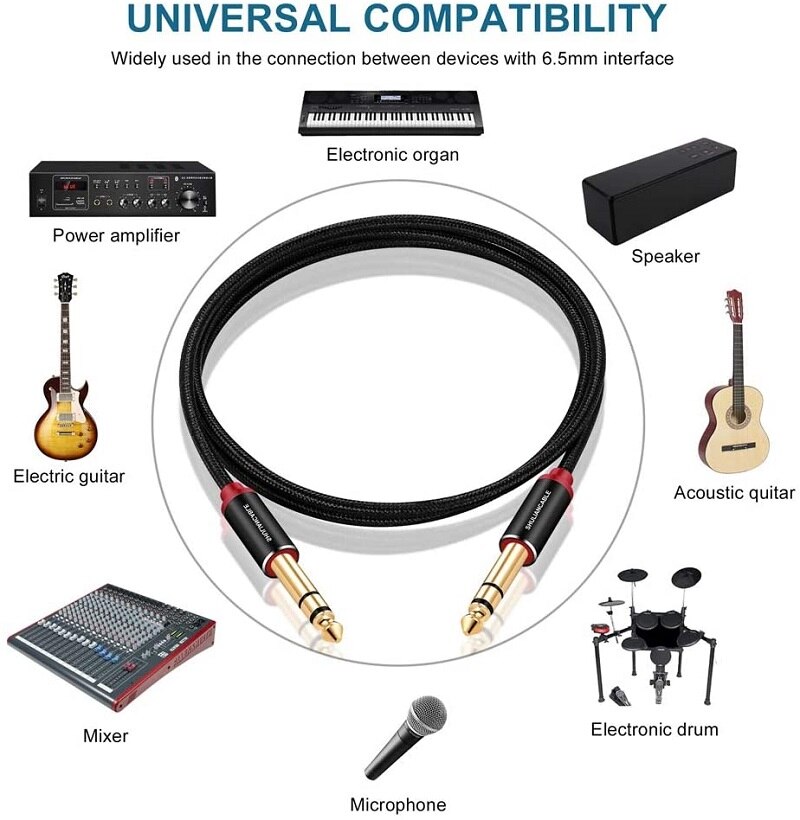 Kabel do instrumentów gitarowych Lungfish, kabel audio stereo TRS 6,35 mm męski do męskiego do gitary elektrycznej, gitary basowej, mandoliny elektrycznej