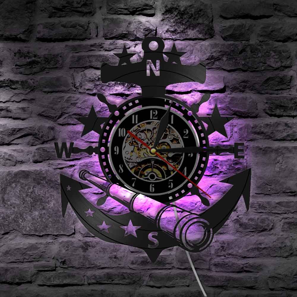 1 stück Anker Vinyl aufzeichnen Wanduhr Jahrgang Meer Marine Zauberstab Kunst Ozean Marine Zauberstab Poster Wanduhr Zeit Uhr Navigator