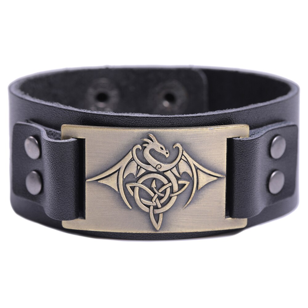 LIKGREAT Vintage Wicca Symbol Triqueta Pterosauria Dragon Charm Bracelets for Men Black Brown Leather Wrap Bracelet Cool Jewelry: 2