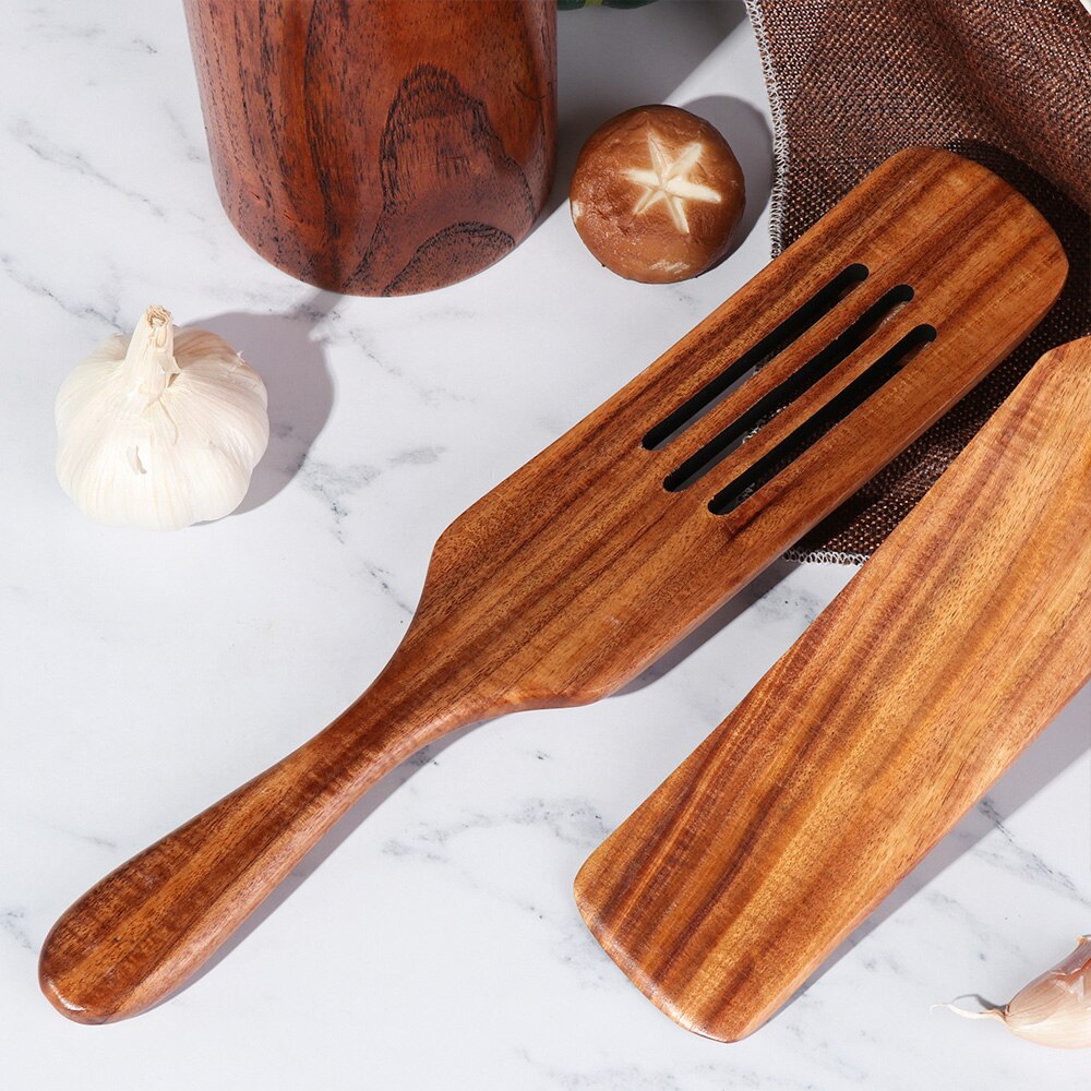 Kitchen Wooden Cooking Utensils Non Stick Natural Microphyll Acacia Wood Cookware Slotted Spurtle Spatula For Stirring Tools