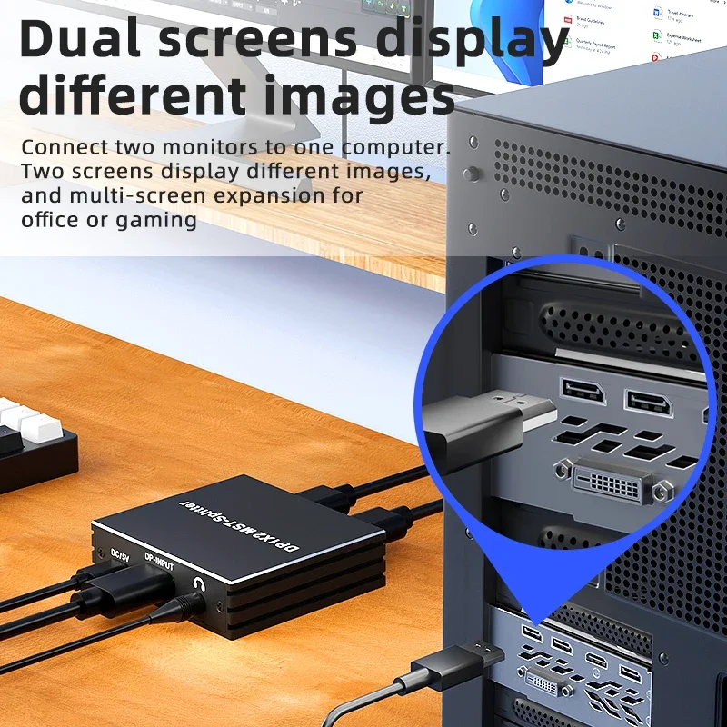 4k displayport-splitter, 1 in 2 ,  dp 1.4 mst-hub 60hz 1 x 2, forleng dp til hdmi, dobbel skjerm for stasjonær datamaskin, skjermkort til tv-skjerm