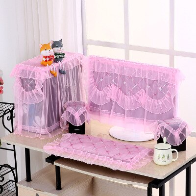 3 Pcs Protective Cover Sets Desktop Computer Cover Lace Dust Covers Computer Tablecloth Household Supplies: 17-22inch pink