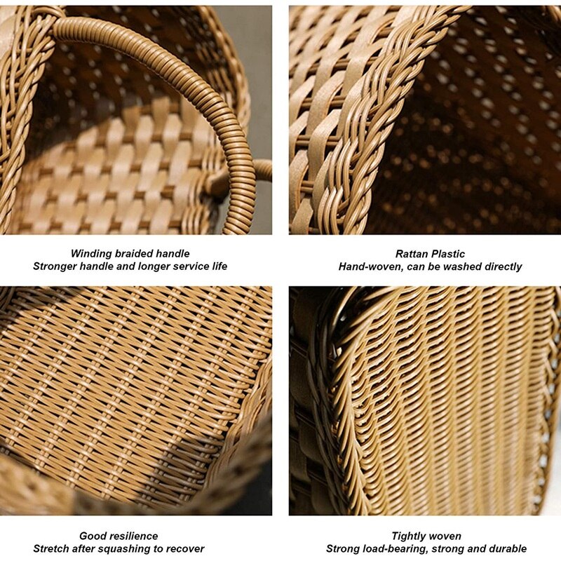 Imitated Rattan Wicker Handmade Shopping Basket, Large-Capacity Portable Flower Fruit Basket Picnic Bread Basket