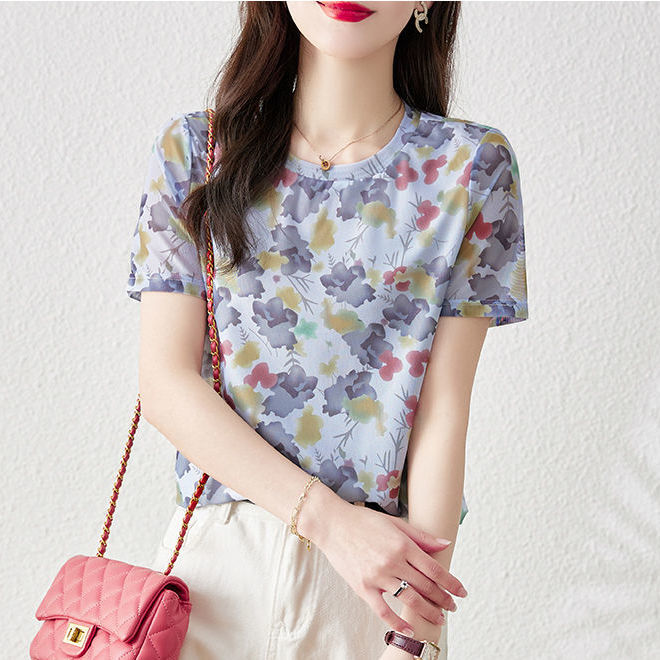 Zomer Koreaanse Stijl Bloemen Casual Trui Vrouwelijke Elegante Mode Print Korte Mouw Tops Vrouwen Chiffon Zweet Femme Kleding: L / Bruin