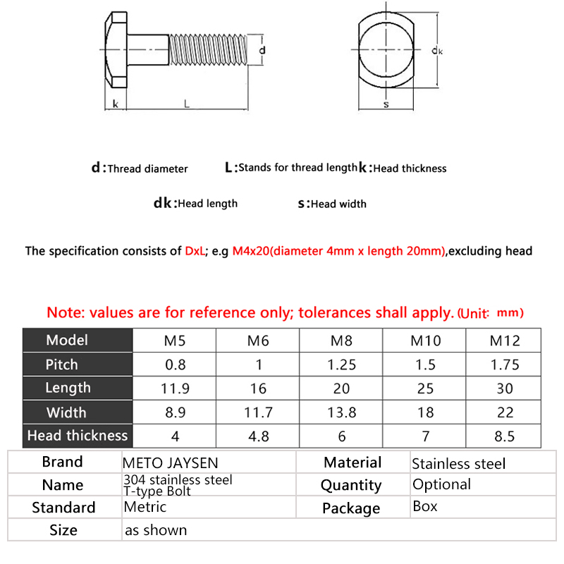 M8 M10 Stainless Steel 304 T-Head Bolts T-Slot Screw Square Bolt T-head Screws T-bolt Solid Fasteners Length 12mm-60mm