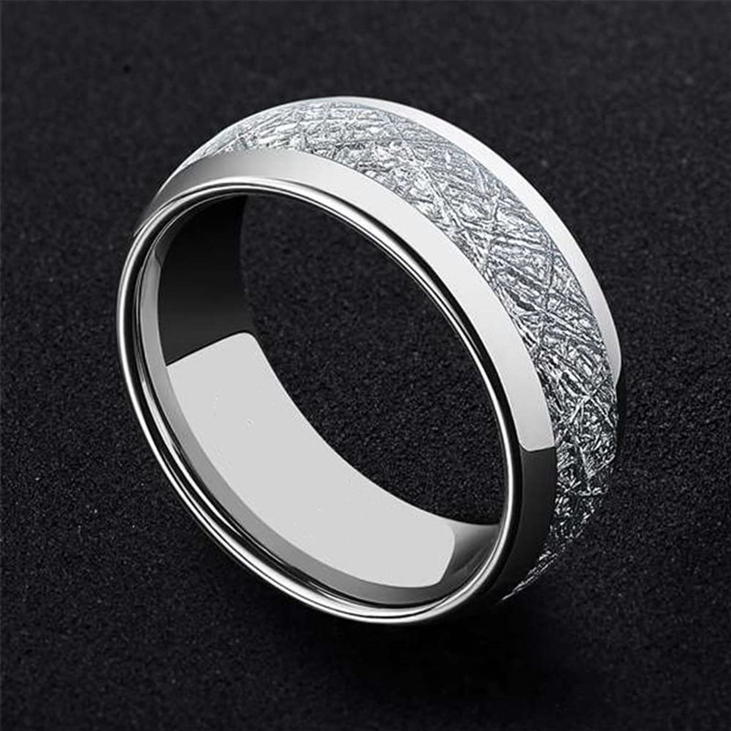 FDLK Männer 8mm Silber Farbe Edelstahl Ring Vintage Meteoriten Muster Hochzeit Engagement Band Gewölbtem Komfort Fit