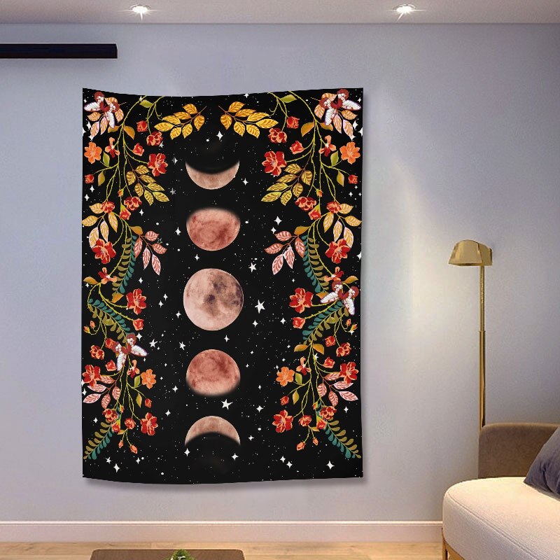 Large Size Moonlight Garden Tapestry Moon Phase Surrounded By Plants and Flowers Wall Hanging Blanket Room Decor Yoga Mat