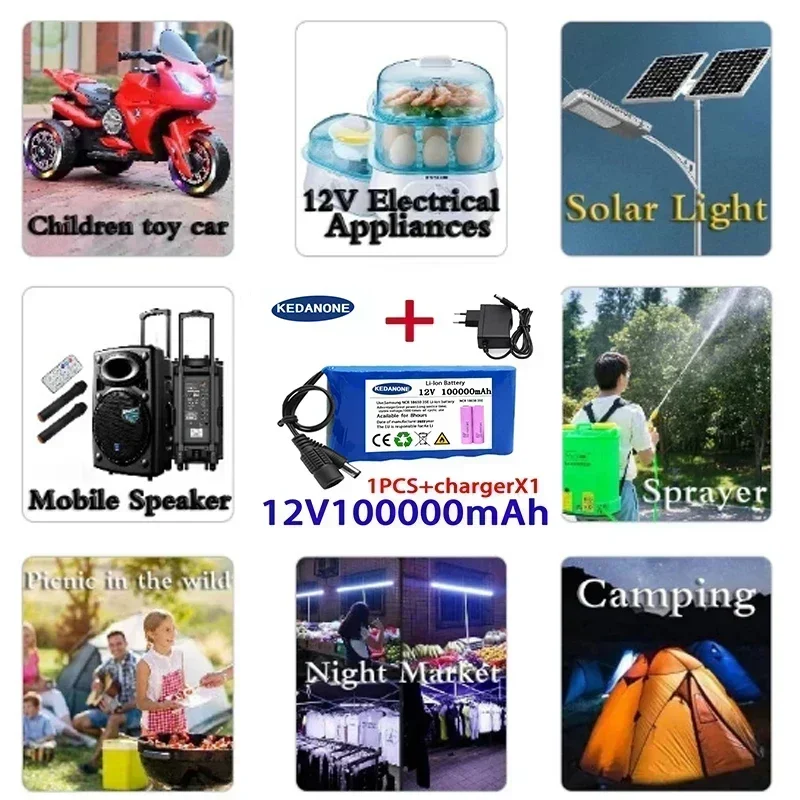 3S2P 100000mAh 12V 18650 battery monitoring Portable large capacity lithium-ion battery BMS LED lights+charger