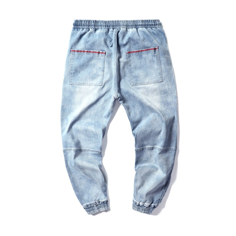 Denim stretch resår midja lösa jeans män ljusblå dragsko harem jeans homme bomull ankellånga byxor plus storlek 7xl