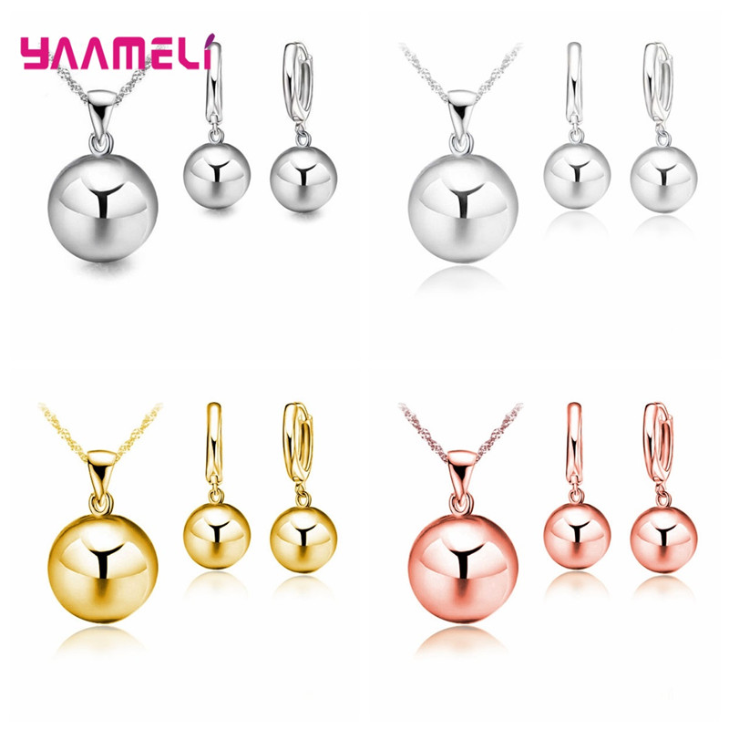 Jewelry Sets for Wedding Engagement 925 Silver Color 12MM Smooth Ball Round Metal Stone Necklaces Earrings Anniversary