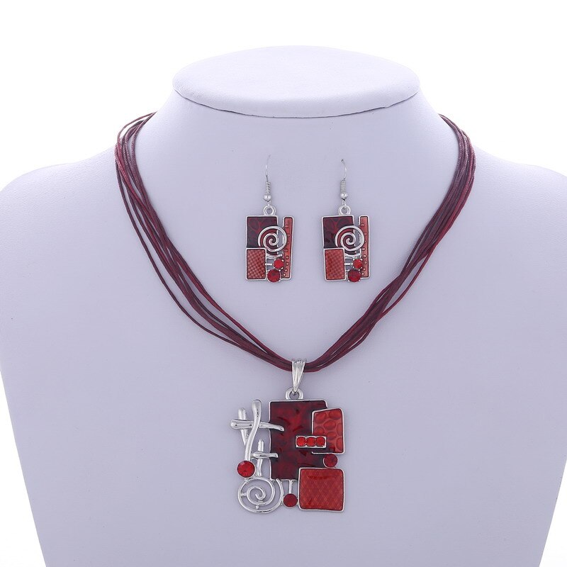 Emalje smykke sæt delikat læder reb vedhæng geometri choker halskæde øreringe sæt boho smykke sæt: F826