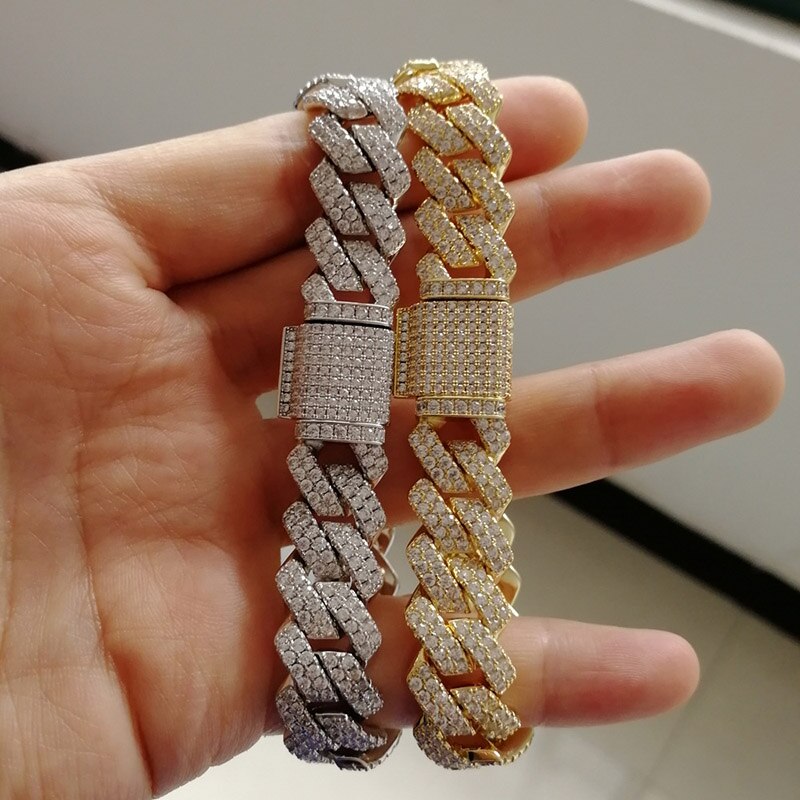 13Mm Wide Hip Hop Aaa Cz Steen Verharde Bling Iced Out Vierkante Cubaanse Miami Link Chain Armbanden Bangles Voor mannen Rapper Sieraden Goud