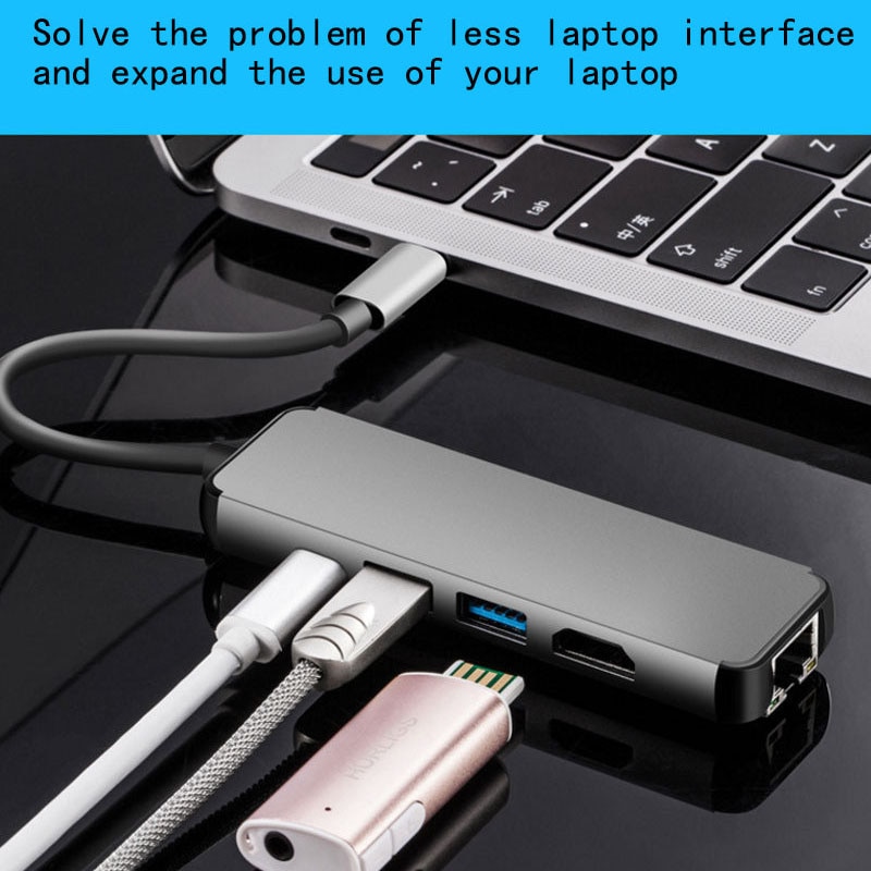 Estación de acoplamiento para ordenador portátil, USB 3,0, HDMI, RJ45, Gigabit, PD, Fealushon, para MacBook, Samsung Galaxy S9 /S8 / S8 +, tipo C