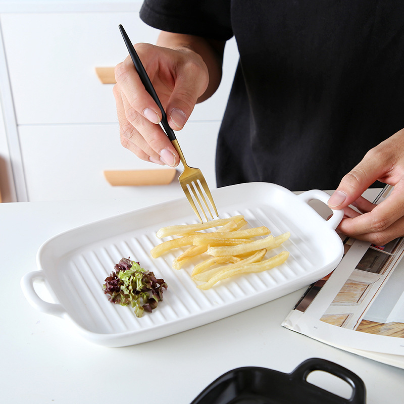Nordic Solid Rectangle Ceramic Dinner Plate Double Ears Heat Resistant Porcelain Cheese Baking Plate Steak Sushi Fruit Tray