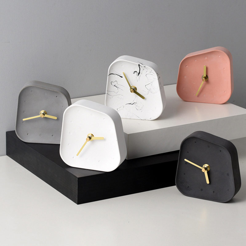 Horloge de Table béton muet | Accessoires de décoration de maison, ciment en forme de géométrie, décoration de bureau, petite horloge de bureau
