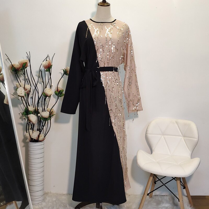 Lovertjes Contrast Patchwork Elegante Partij Jurk Plus Size 5XL Vrouwen Zomer Lange Mouwen Casaul Jurk Maxi Lange Moslim Jurken